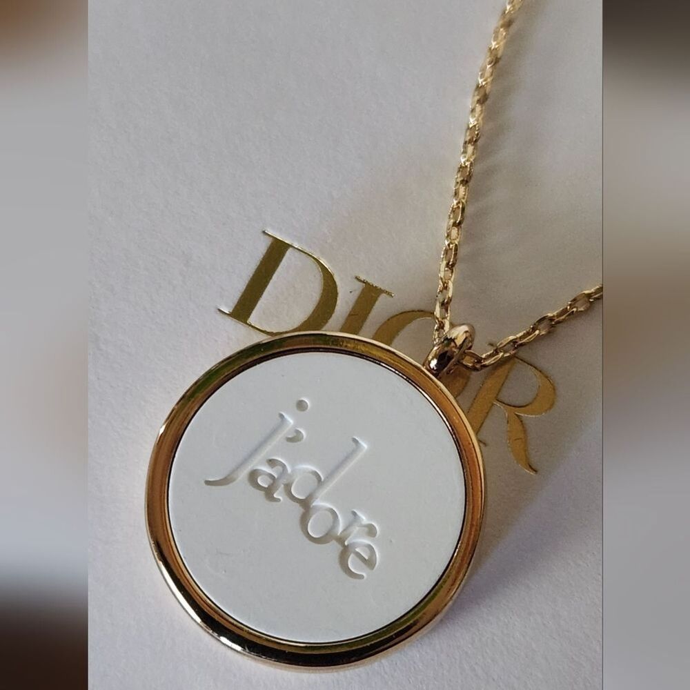 Authentic Christian Dior J’adore Perfume Ceramic Pendant & Gold Tone Necklace.
